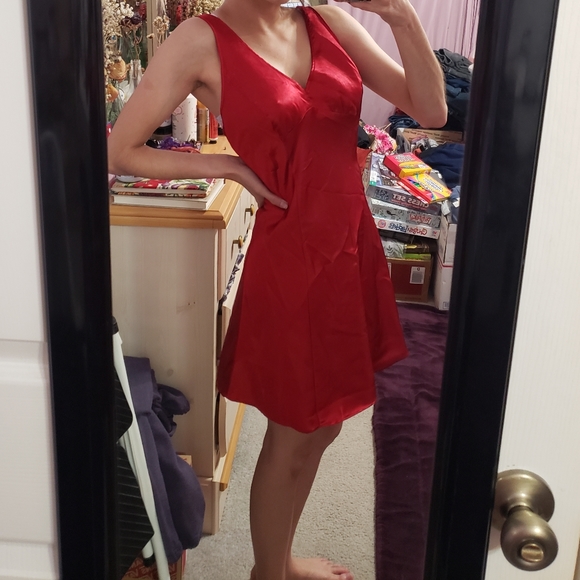 Silky Satin Red Lingerie Slip Empire Waist Sweetheart Dress Chemise Nightgown - Picture 2 of 13